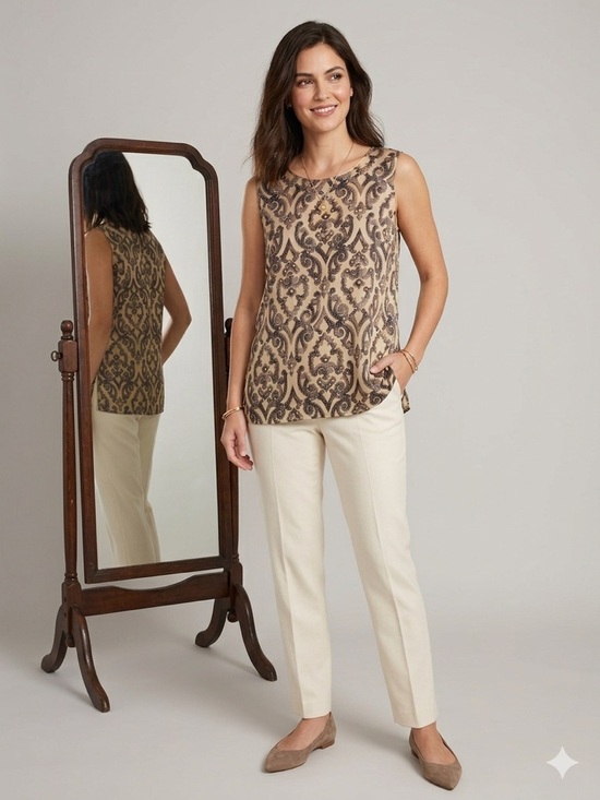 Vintage ESCADA Baroque Print Tank Top Neutral Brown Sz 44 (US 14) 100% Silk Y2K - Picture 2 of 10